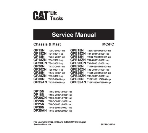 Caterpillar GP15N(ZN), GP18N(ZN), GP20N(CN,ZN), GP25N(ZN), GP30N, GP35AN, GPE15N(ZN), GPE18N(ZN), GPE20N(CN,ZN), GPE25N(ZN), GPE30N, GPE35AN, DP15N, DP18N, DP20CN, DP20N, DP25N, DP30N and DP35AN Forklift Truck set of Service Manuals Caterpillar GP15N(ZN), GP18N(ZN), GP20N(CN,ZN), GP25N(ZN), GP30N, GP35AN, GPE15N(ZN), GPE18N(ZN), GPE20N(CN,ZN), GPE25N(ZN), GPE30N, GPE35AN, DP15N, DP18N, DP20CN, DP20N, DP25N, DP30N and DP35AN Forklift Truck set of Service Manuals